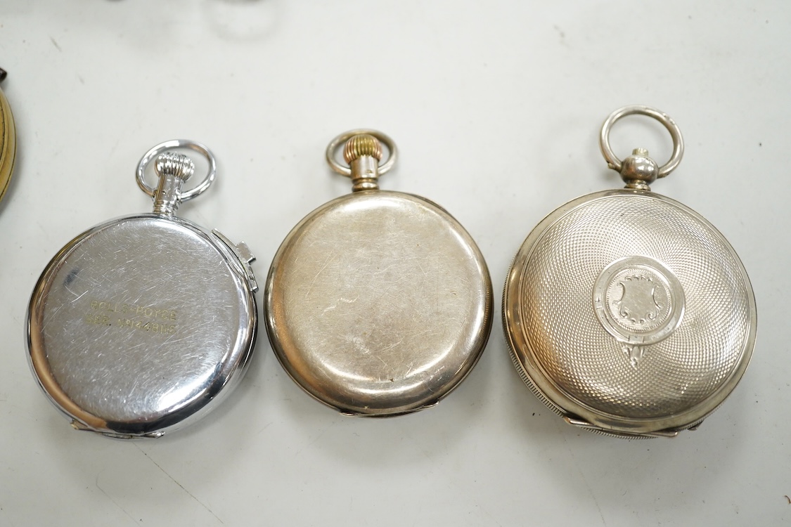 A George V silver cased goliath calendar moon phase open faced pocket watch, case diameter approx. 67mm(a.f.), together with five other pocket watches, including silver and white metal Waltham, a Camerer Cuss chrome case